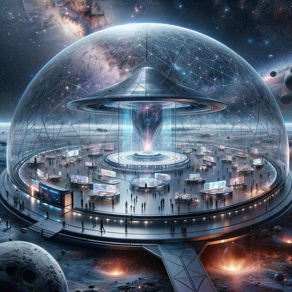 Futuristic digital art gallery in space.