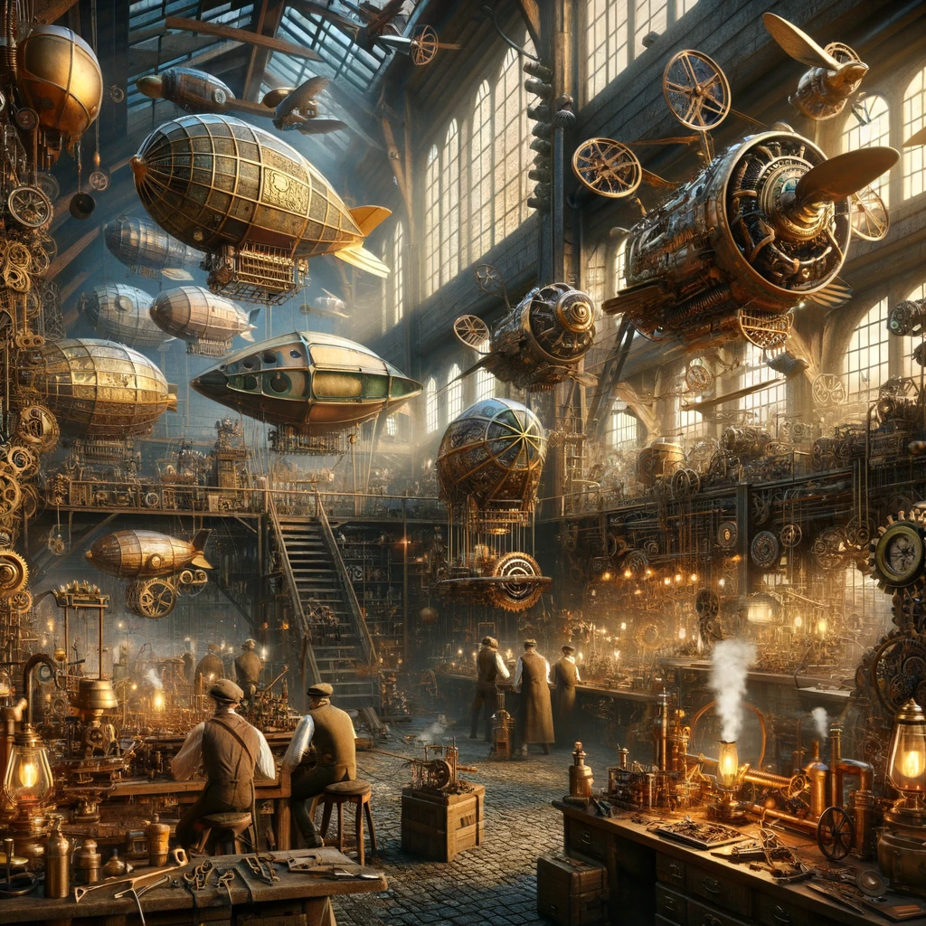 Steampunk workshop with flying machines.
