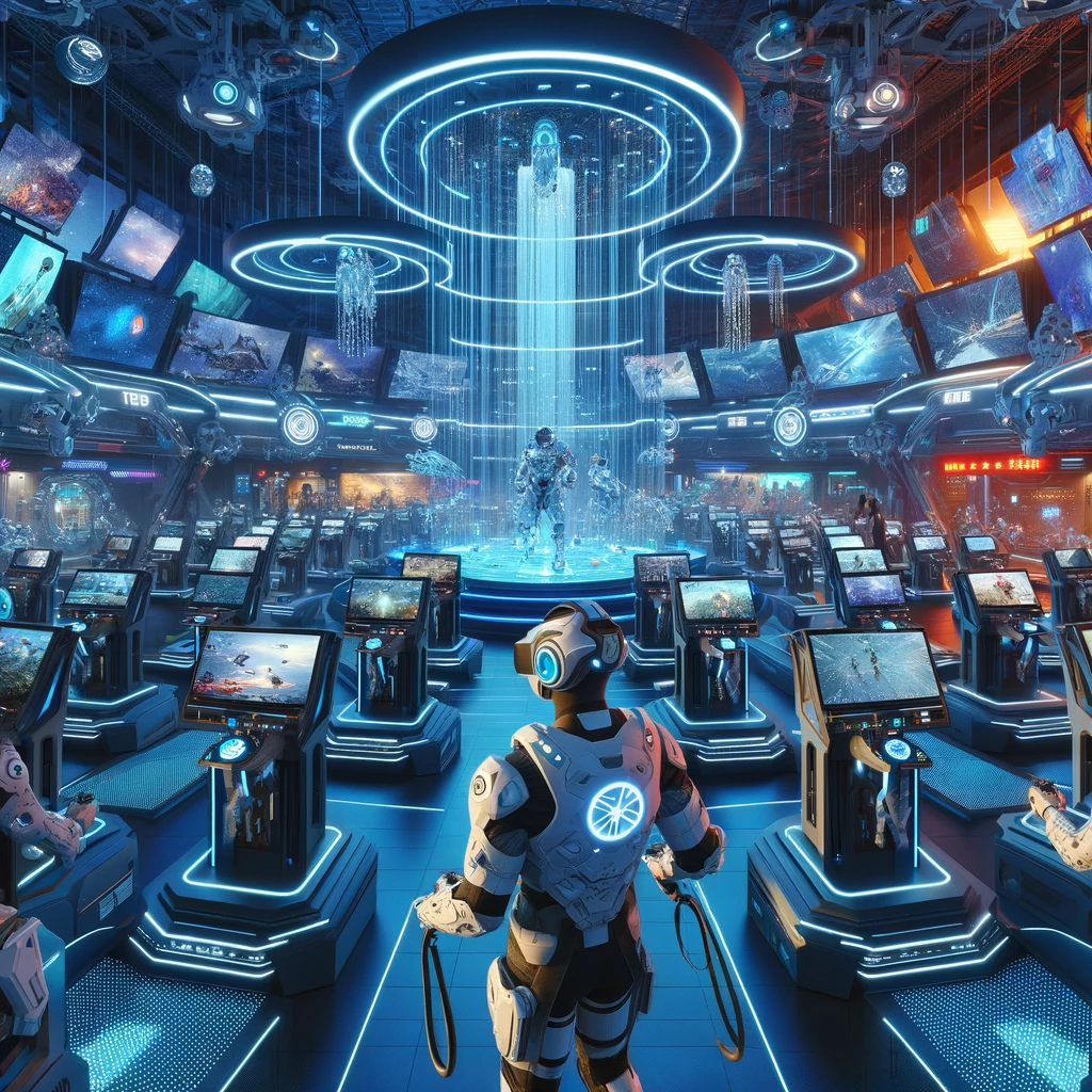 Virtual reality gaming arcade in 2080.